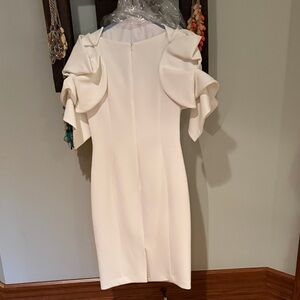 Badgley Mischka Ivory Ruffle-Sleeve Midi Dress